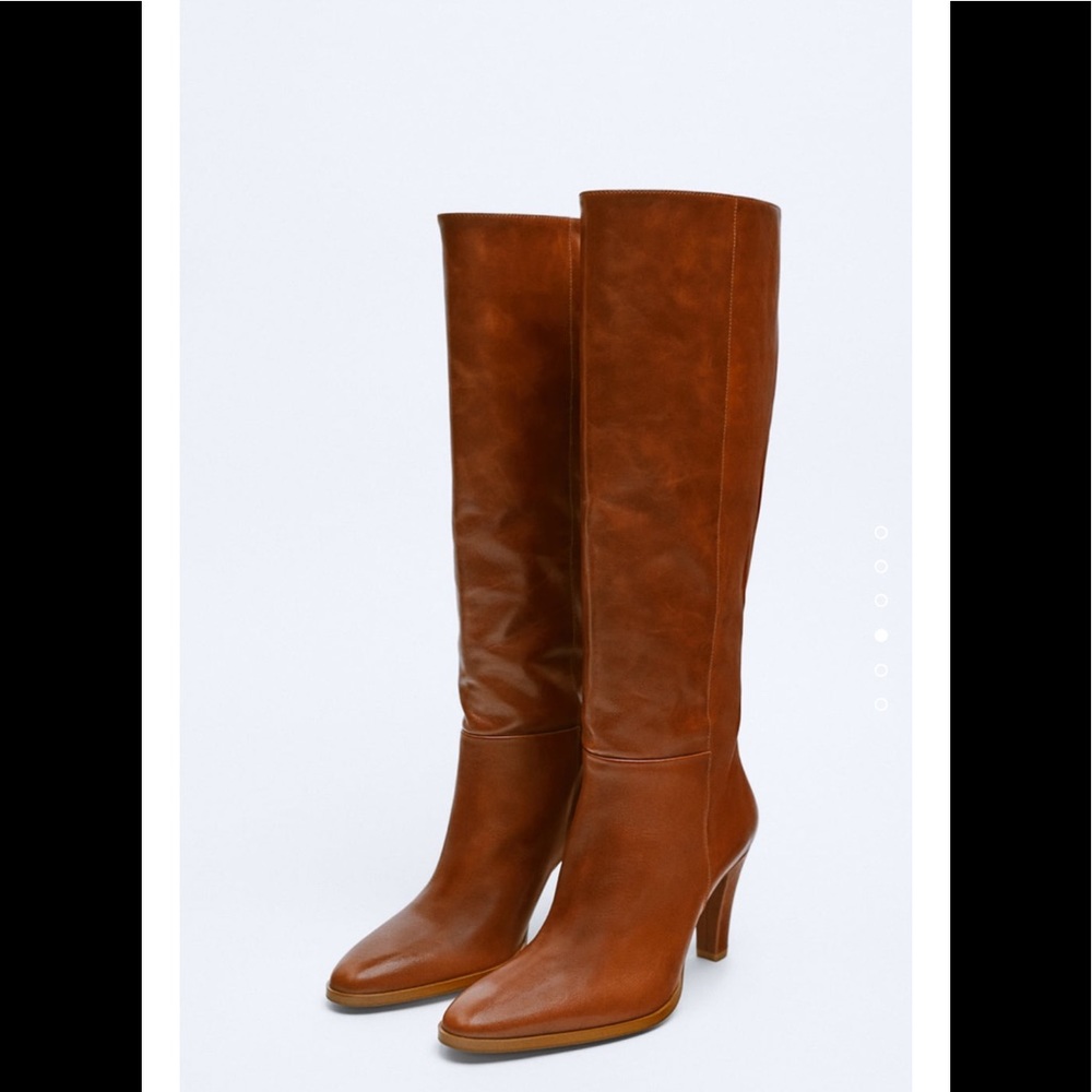 ZARA Knee High Mid Height Heeled Leather Boots - Picture 9 of 11
